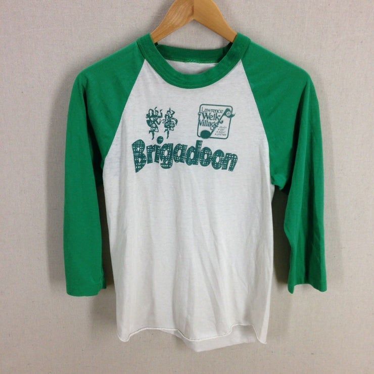 Vintage 70S Broadway Musical Brigadoon Green Paper Thin Baseball T Xs S Usa Shirt