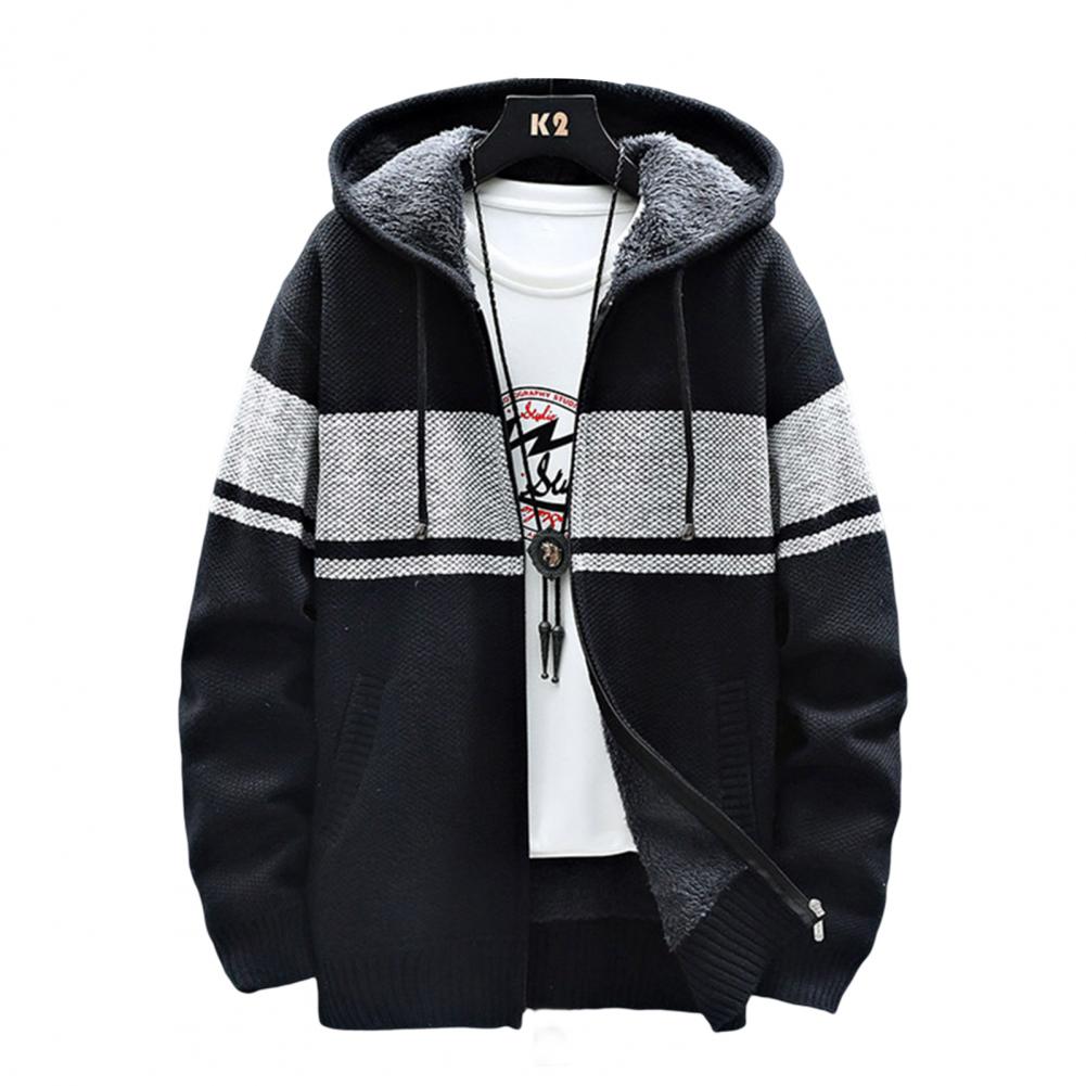 Autumn Winter Men Hooded Coat Color Block Zipper Thickened Plush Warm Jacket Cardigan Sweater for Daily Wear alx