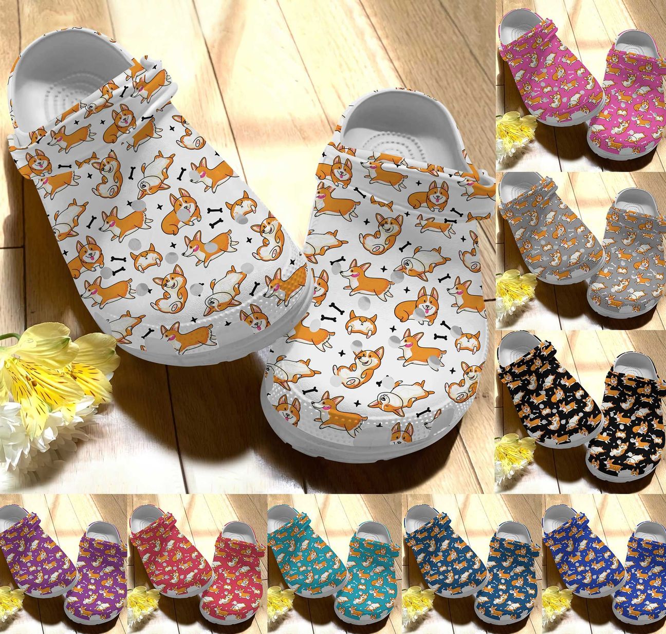 Corgi Personalize Clog, Custom Name, Text, Fashion Style For Women, Men, Kid, Print 3D Whitesole Corgi Pattern 2