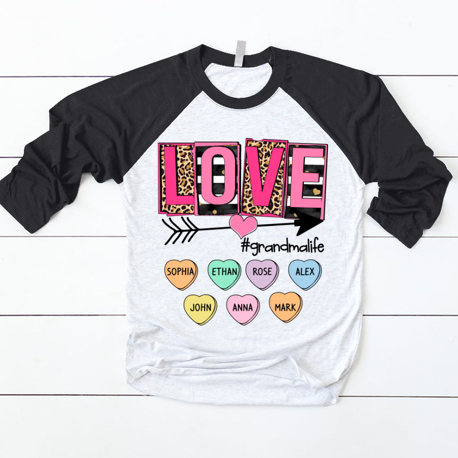 Valentines Love Shirt Personalized Grandma Heart Grandkids Names Baseball