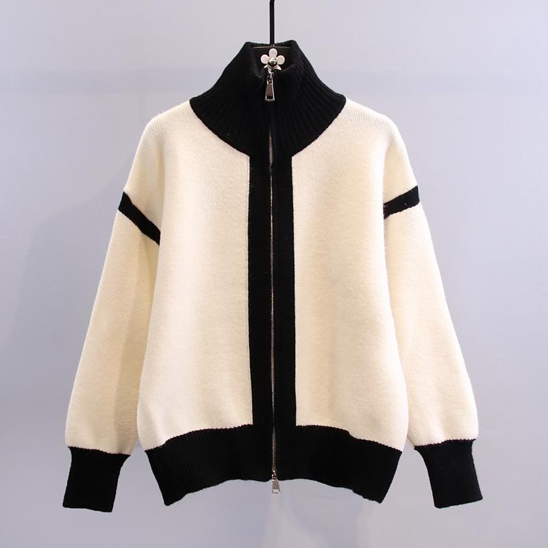 Women’s Zip Mock Neck Knitted Pullover Sweater Splicing Color Stand Collar Casual Cashmere Loose Knitted Cardigan alx