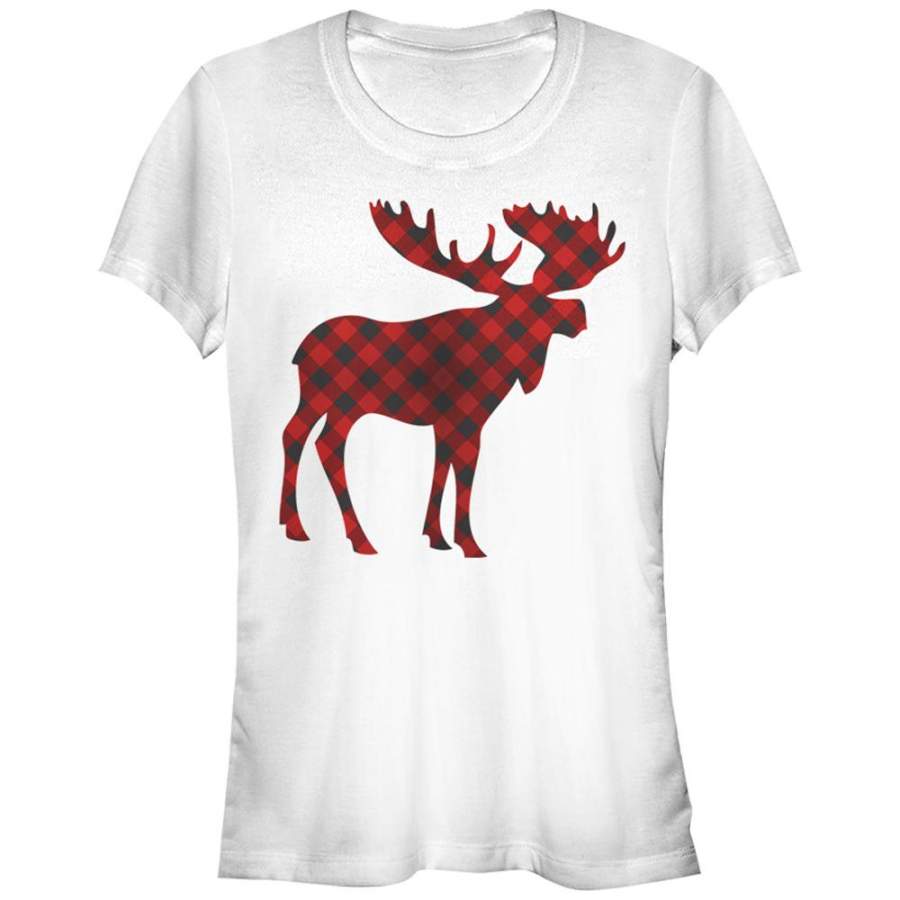 Lost Gods Junior’s Christmas Plaid Moose  T Shirt White S