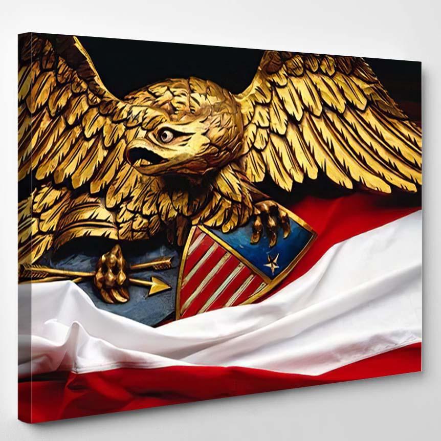 Wooden Carved Eagle Red White Bunting – Eagle Animals Canvas Print