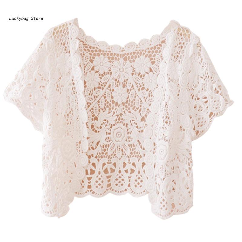 Womens Tassels Lace Shrug Cardigan with Short Sleeve Sheer Crochet Floral Open Front Crop Jackets for Evening Dresses alx