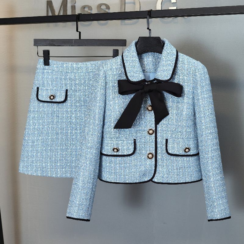 Temperament Tweed Coat Bow Short Blue Jacket Winter Plaid Skirt Sets Retro Korean Two Piece Sets Dress Suits Chic Button alx