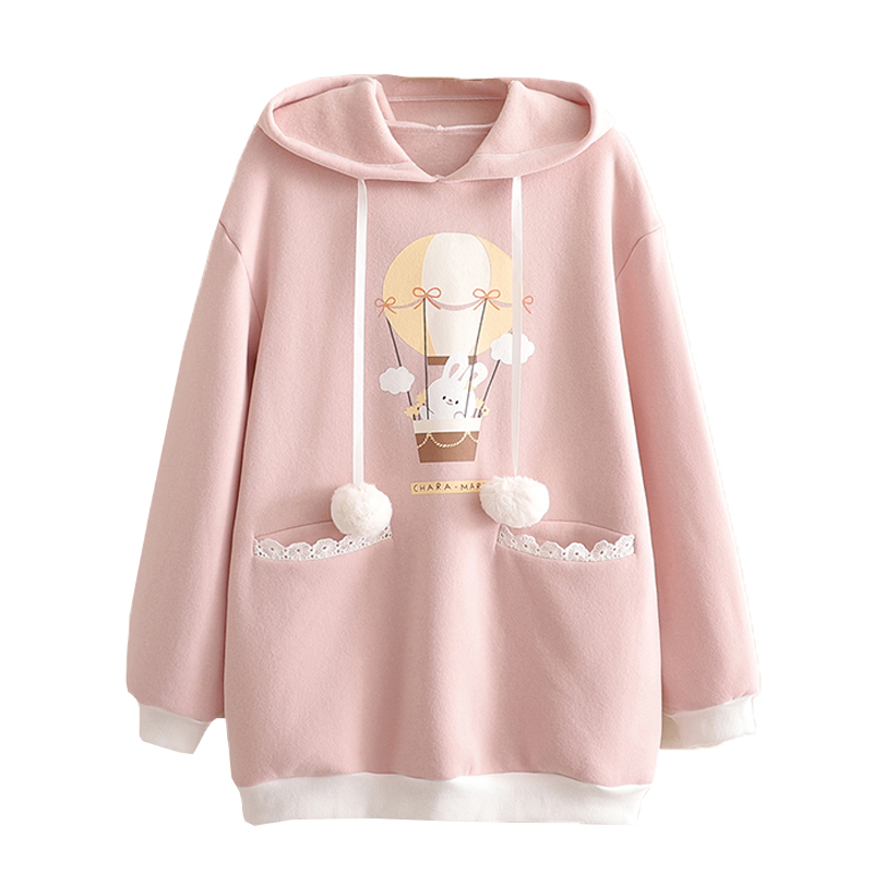 Kawaii Bunny Printed Long Sleeve Hoodies Winter Cute Pattern Loose Women Hooded Sweatshirt Casual Warm Solid Pink Pullover Top alx