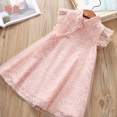 2021 Summer 2-6 7 8 10 Years Crew Neck Fly Sleeve Baby Mesh Floral Chiffon Chinese Ethnic Style Kids Cheongsam Dresses For Girls alx