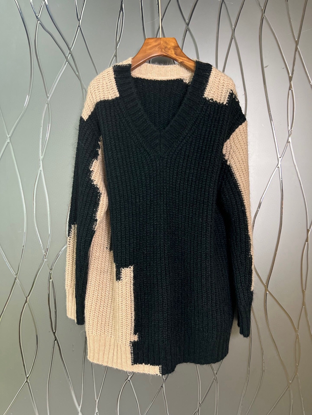 2022 new women fashion long sleeve sexy casual V neck color matching loose medium and long sweater knitted top 1118 alx