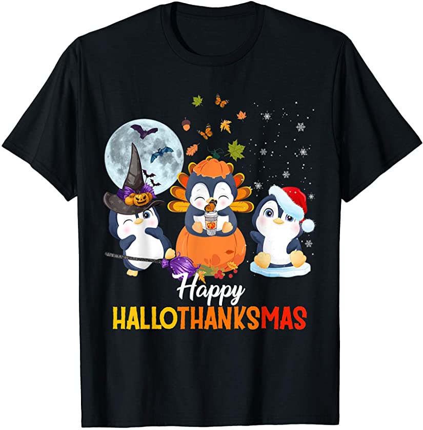 Penguin Halloween And Merry Christmas Happy Hallothanksmas T-Shirt