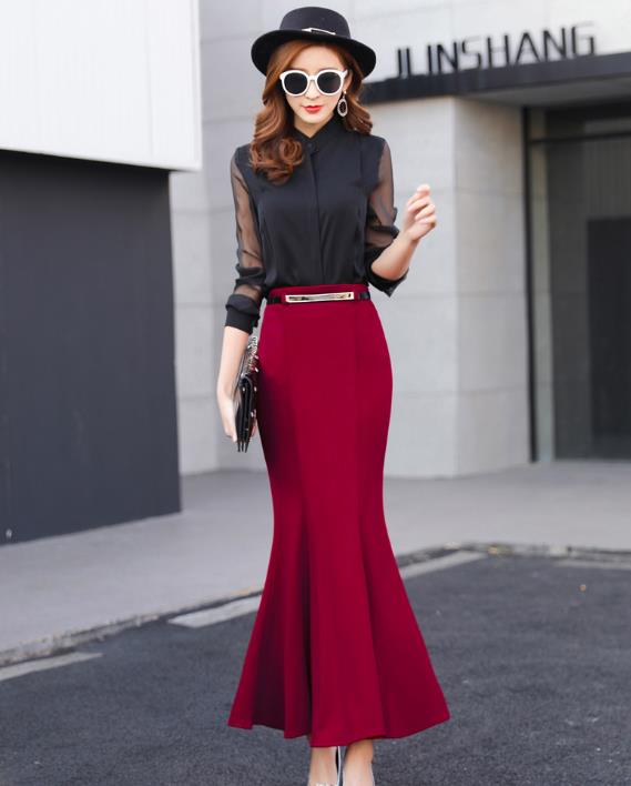 Autumn Winter package hip Vintage Long Mermaid Skirt Women Elegant office lady trumpet Skirts With Free Belt alx