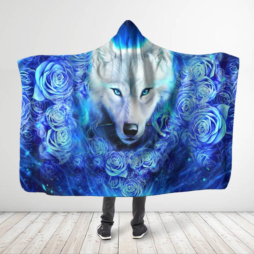 ViticStore™ Wolf 3D All Over Printed Galaxy Blue Rose Wolf Hooded Blanket