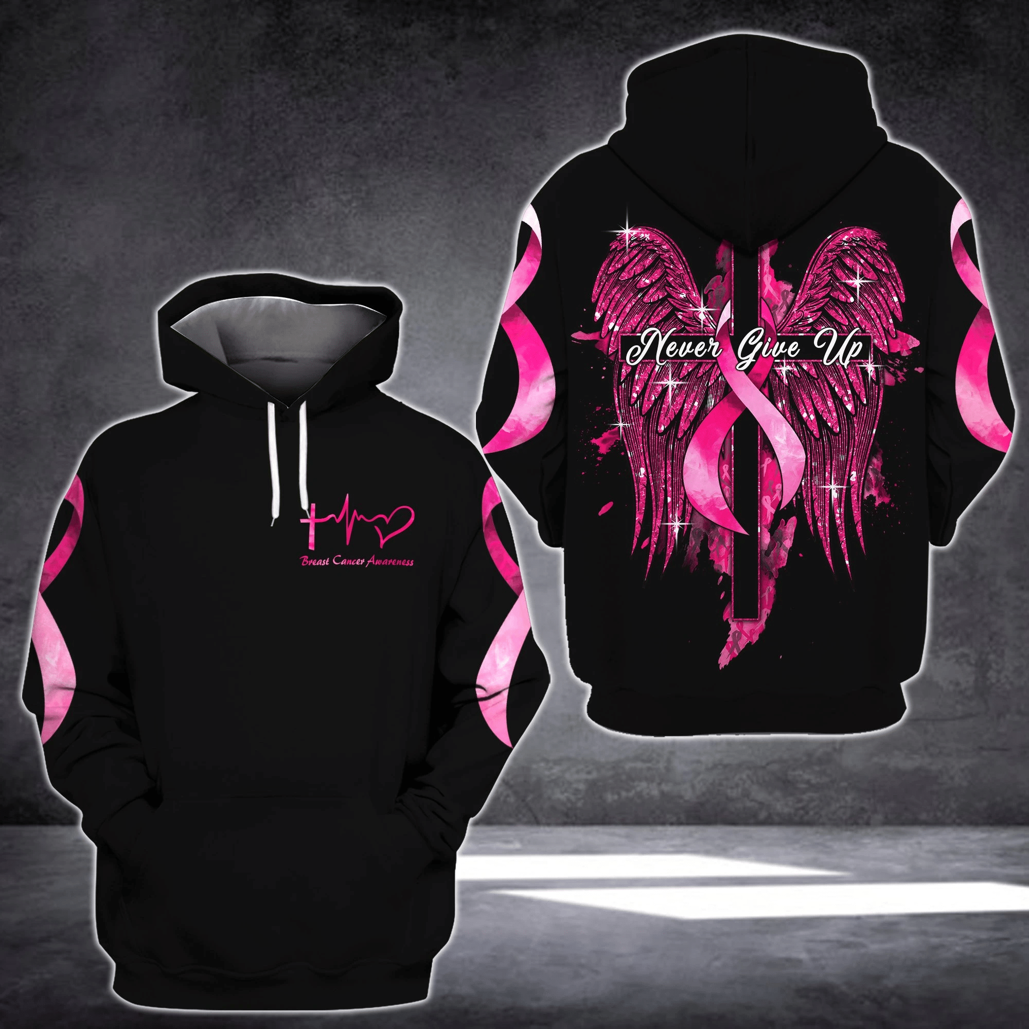 Breast Cancer Shirt Breast Cancer Awareness Never Give Up Jesus Cross Wing Pink Ribbon Hoodie For Women