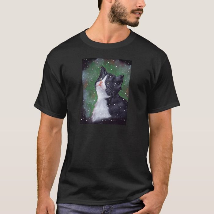 Tuxedo Cat Looking Up At Snowflakes Painting Shirt Adult Black Shirt