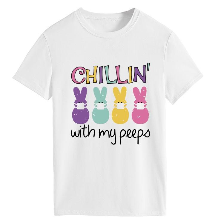 Women’S Easter Bunny Chillin With My Peeps Print Short Sleeve Crew Neck T-Shirt