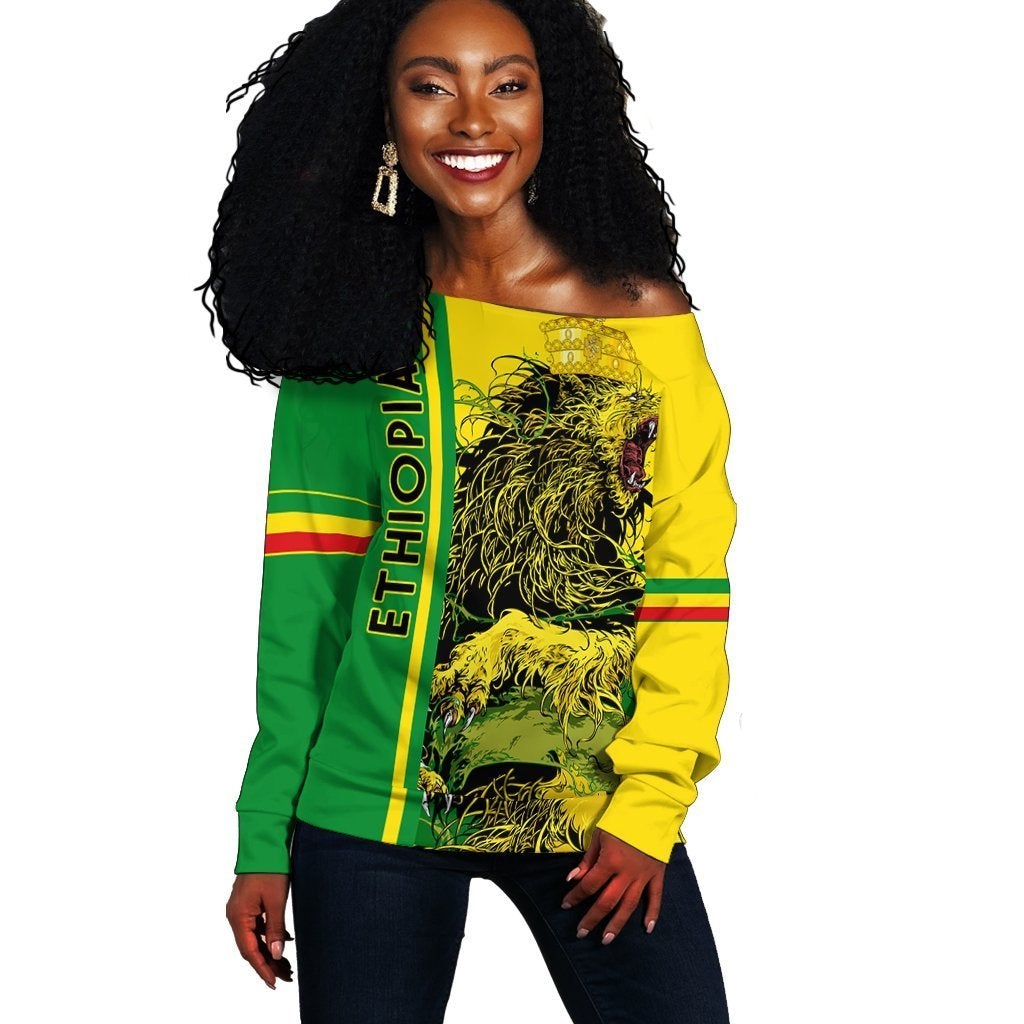 Wonder Print Shop Sweater – Ethiopia Women Off Shoulder Quarter Style – Lion Crown Green Yellow