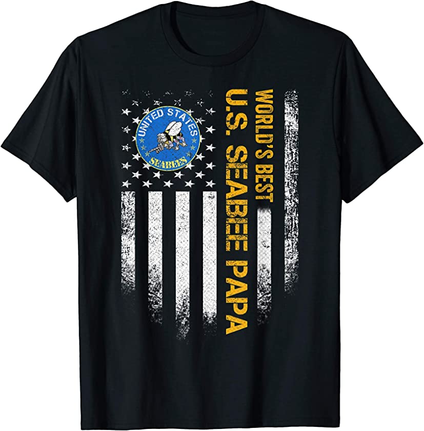 Vintage USA American Flag World’s Best US Seabee Papa Funny T-Shirt