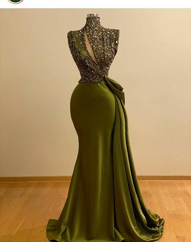 2022 Green Crystal Beaded Vintage Mermaid Prom Dresses High Neck Evening Gown Saudi Arabic Long Formal Party Gown فساتين السهرة alx