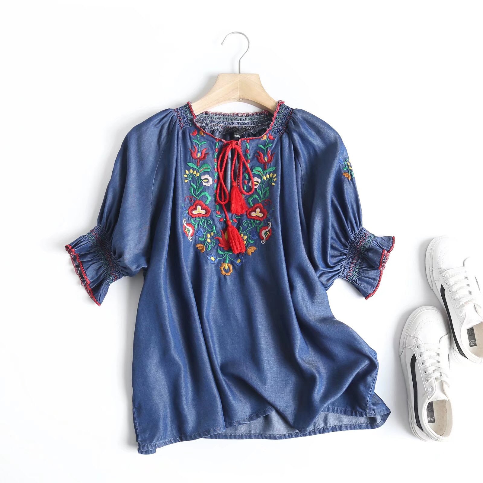 summer embroidery denim shirt women cotton casual o neck soft light blue light jeans tops and blouses blusas mujer new alx