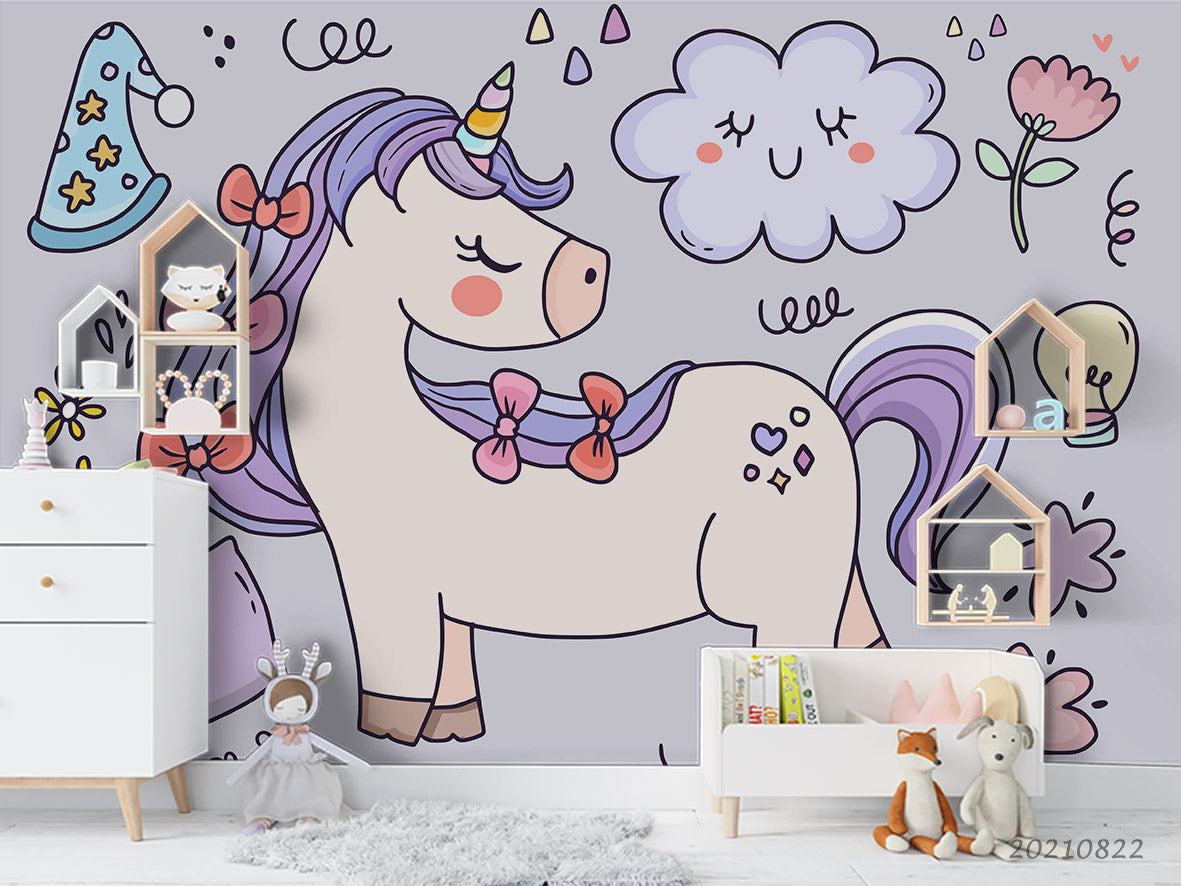 3D Cartoon Animal Unicorn Cloud Floral Wall Mural Wallpaper Lqh 471