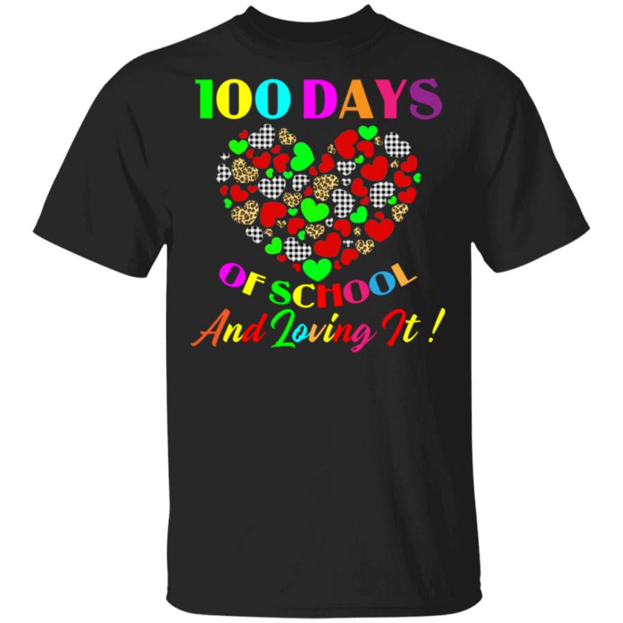 100 Days Of School And Loving It White Leopard Plaid Hearts Kids Preschool Elementary Students Teacher Gifts T-Shirt