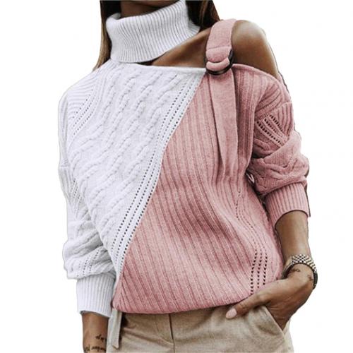 Women Color Block Streetwear Turtle Neck Adjustable Strap One Shoulder Soft Knitted Pullover Sweater alx