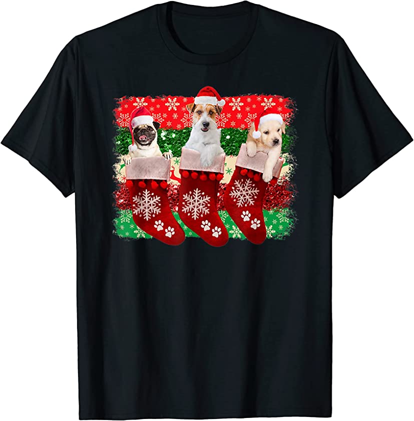 Christmas Dogs in Stockings Pug Terrier and Labrador Puppy T-Shirt