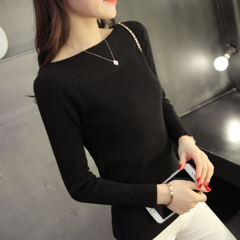 Autumn And Winter new Korean women collar sweater all-match long sleeved shirt slim one-neck female thread tight Pullover alx