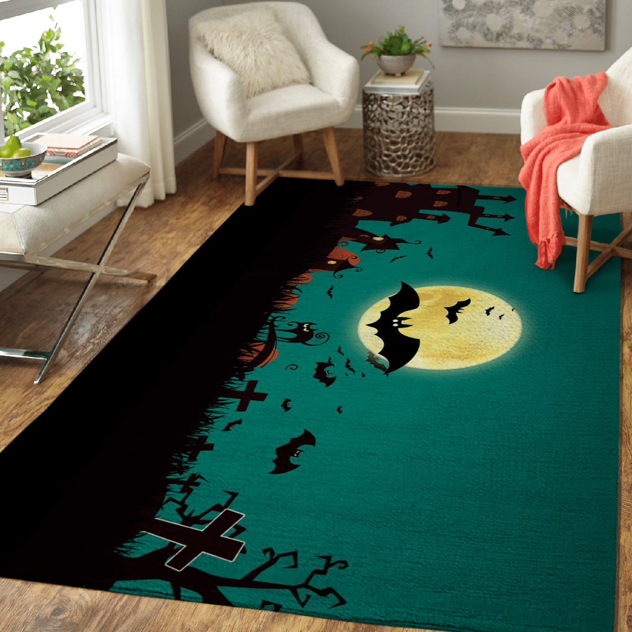 Halloween pumpkin black cat rug HLO 18