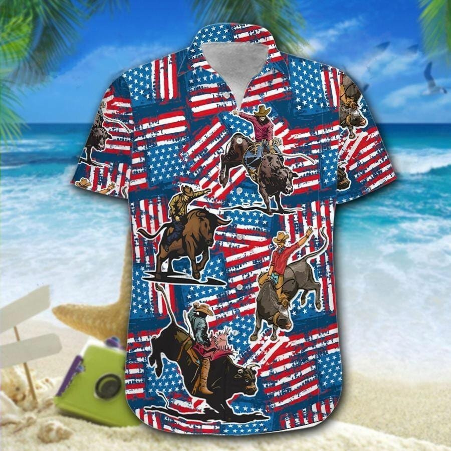 Hawaii Aloha Shirts Bull Riding American Flag Of July Ha64599