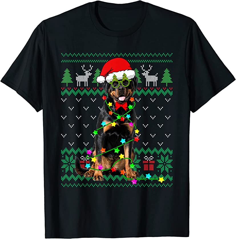 Ugly Sweater Christmas Lights Rottweiler Dog Puppy Lover T-Shirt