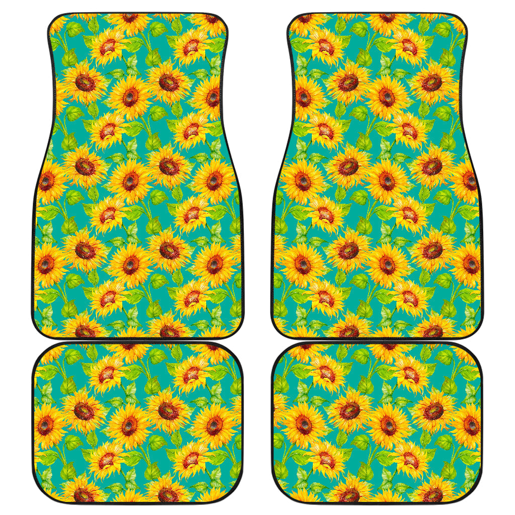 Teal Watercolor Sunflower Pattern Print Front And Back Car Floor Mats, Front Car Mat