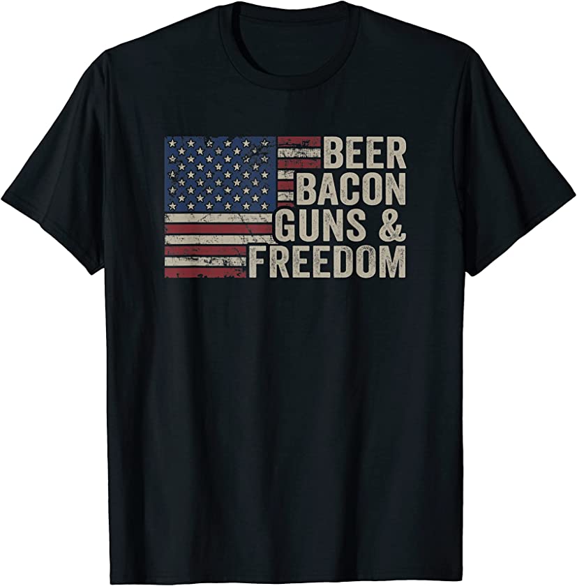 BEER BACON GUNS & FREEDOM – BBQ Vintage USA Flag Drinking T-Shirt