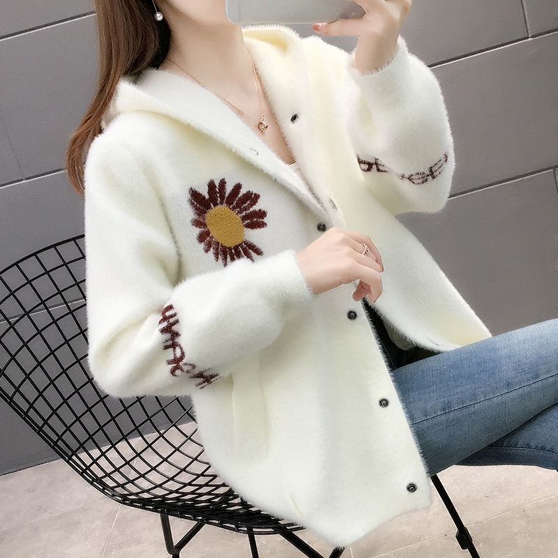 Women 2022 Autumn Winter Outwear New Female Office Lady Hooded Loose Long Sleeves Mink Sweater Coat Knitted Cardigans M727 alx