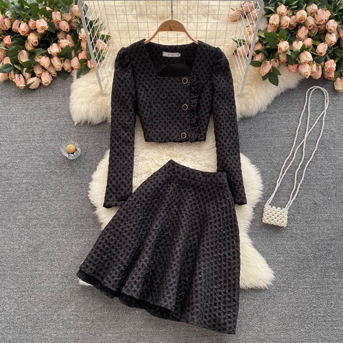 2022 Spring Summer Fashion Small Cute Elegant Sweet Women’s Skirt Suit Long Sleeved Suit Short Coat Top A-line Skirt 2-piece Set alx