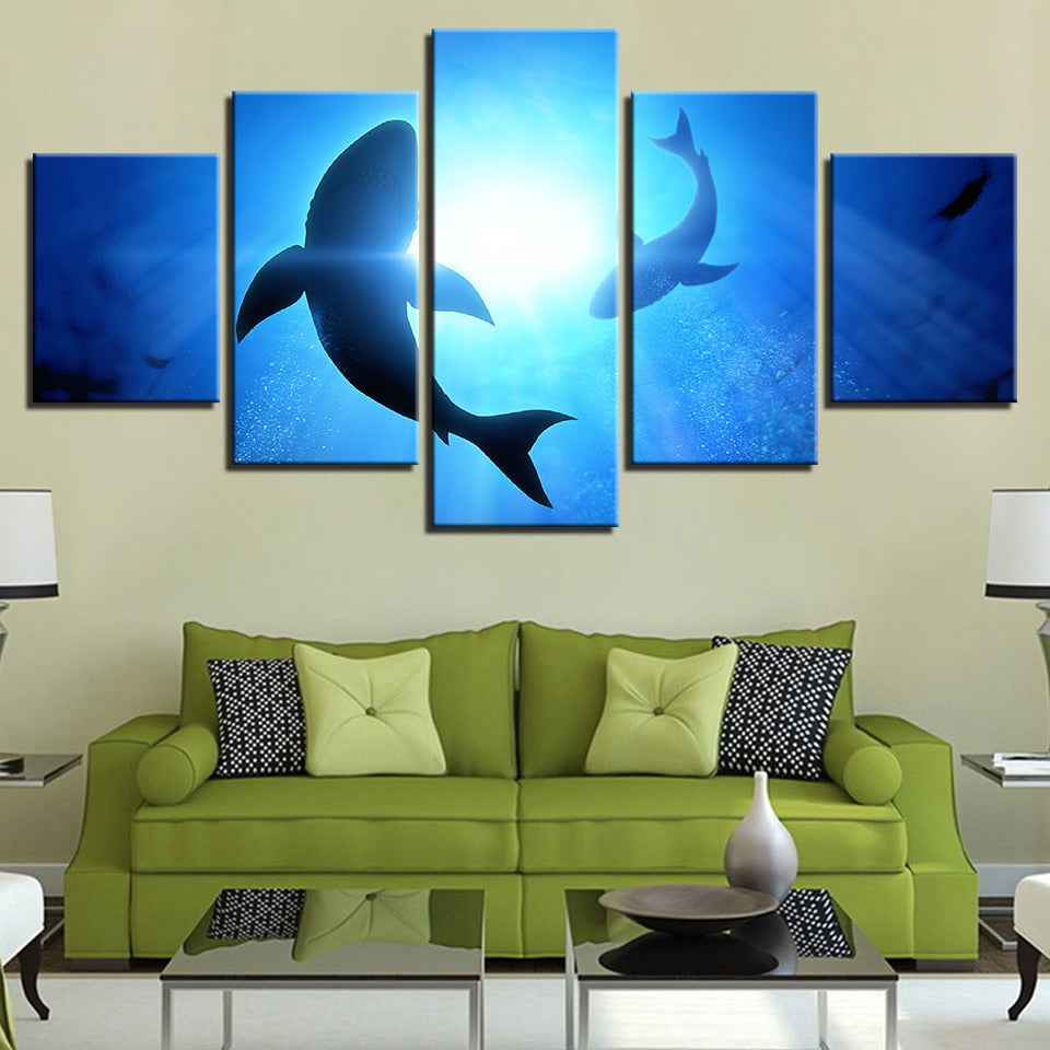 Blue Ocean Shark 5 Piece Hd Multi Panel Canvas Wall Art Frame