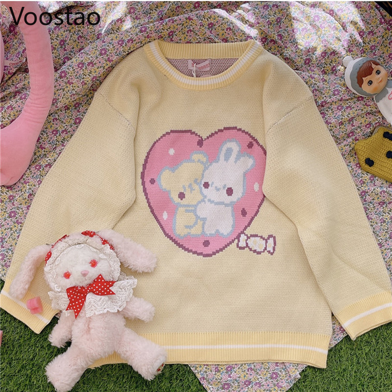 Autumn Winter Sweet Lolita Cartoon Bear Rabbit Knitted Pullovers Japanese Girly Cute Loose JK Sweater Women Kawaii Knitwear Tops alx