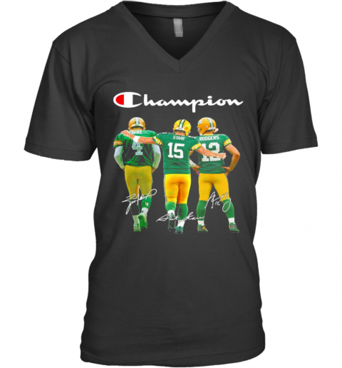 Green Bay Packers Favre Starr Rodgers Champions Signatures V-Neck T-Shirt