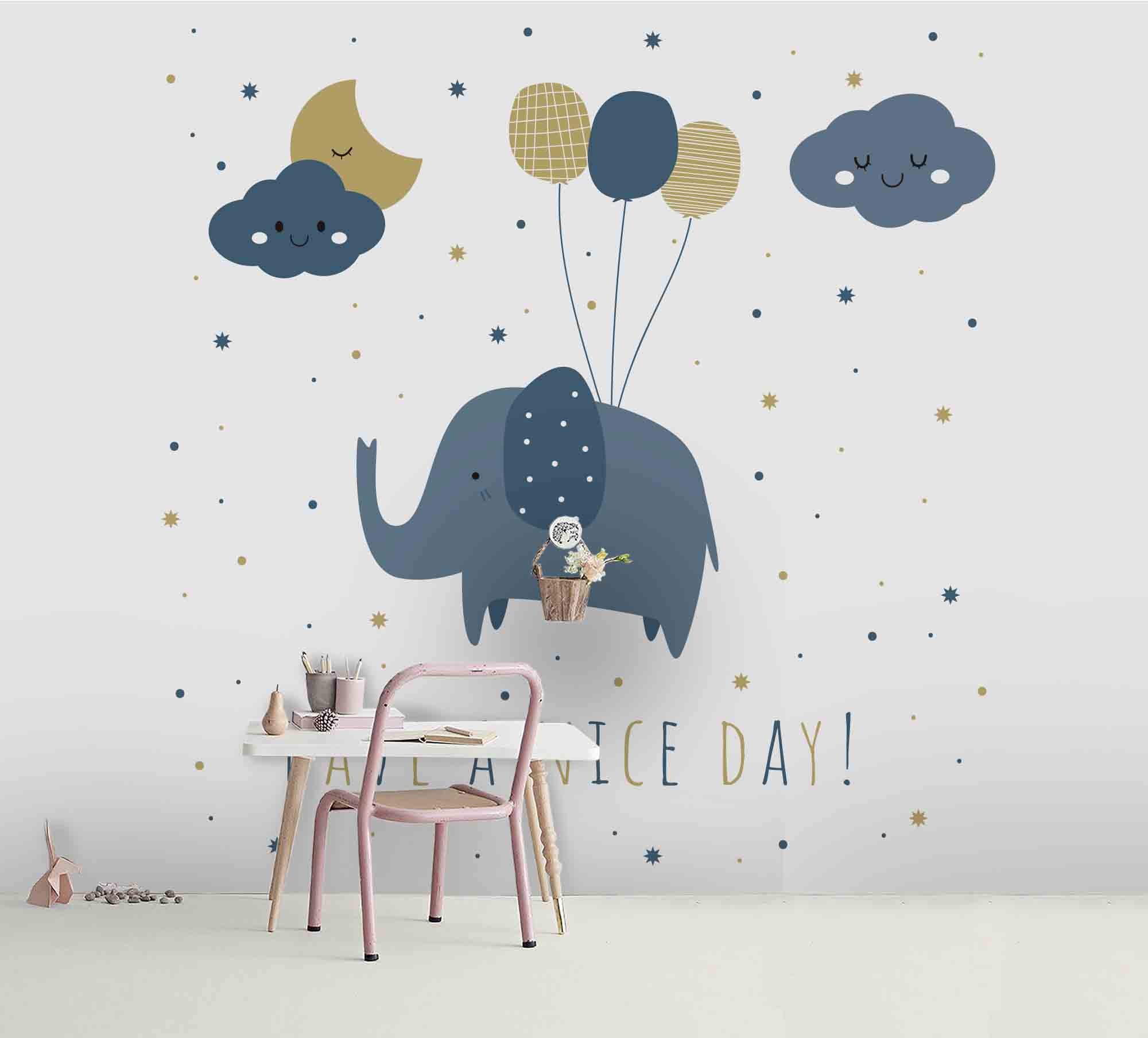 3D Cartoon Elephant Balloon Cloud Moon Wall Mural Wallpaper A229 Lqh