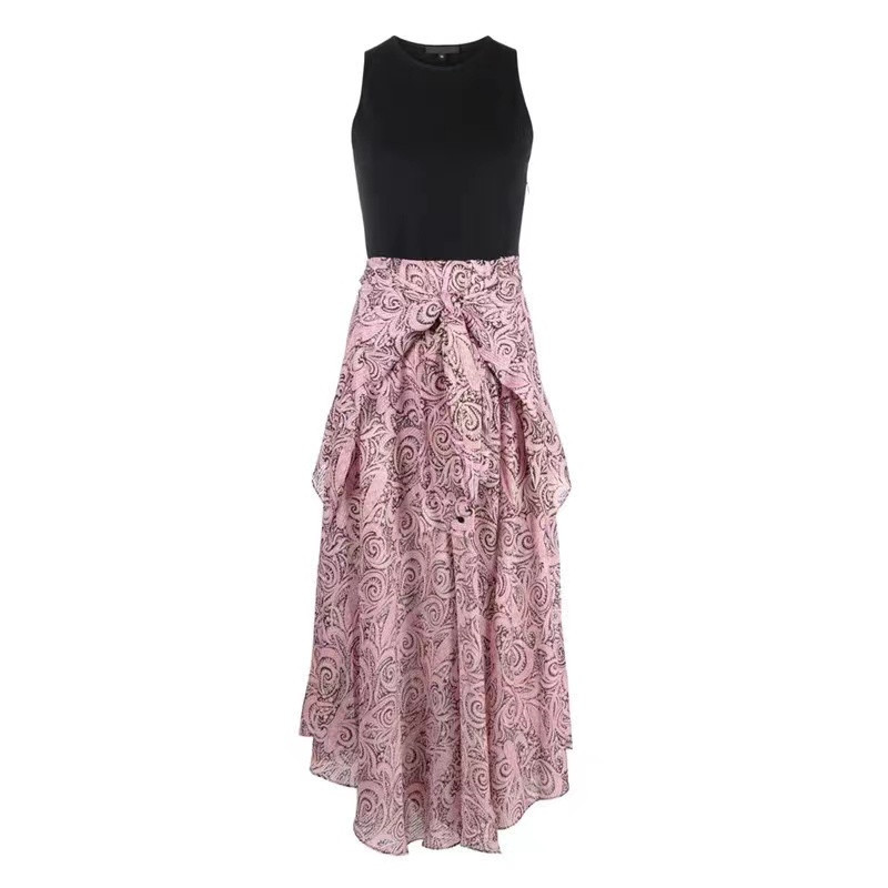 A-line Skirt Women 2022 Spring and Summer New Fashion Paisley Print Stitching Fake Two-piece Sleeveless Dress Long Skirt alx