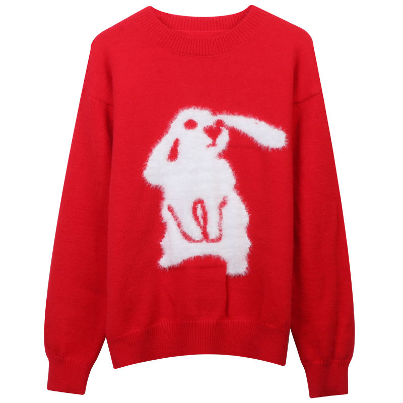 SAYTHEN Flocking Cartoon Rabbit Jacquard Long Sleeve Sweater Women’s Autumn Winter Relaxed Round Neck Knitwear Sweet Pullover alx