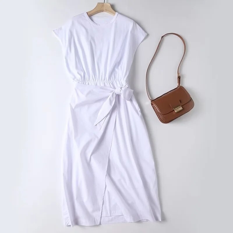 Women Dress Solid Color Fashion Simple Classic Elastic Waist Cotton Midi Dress alx