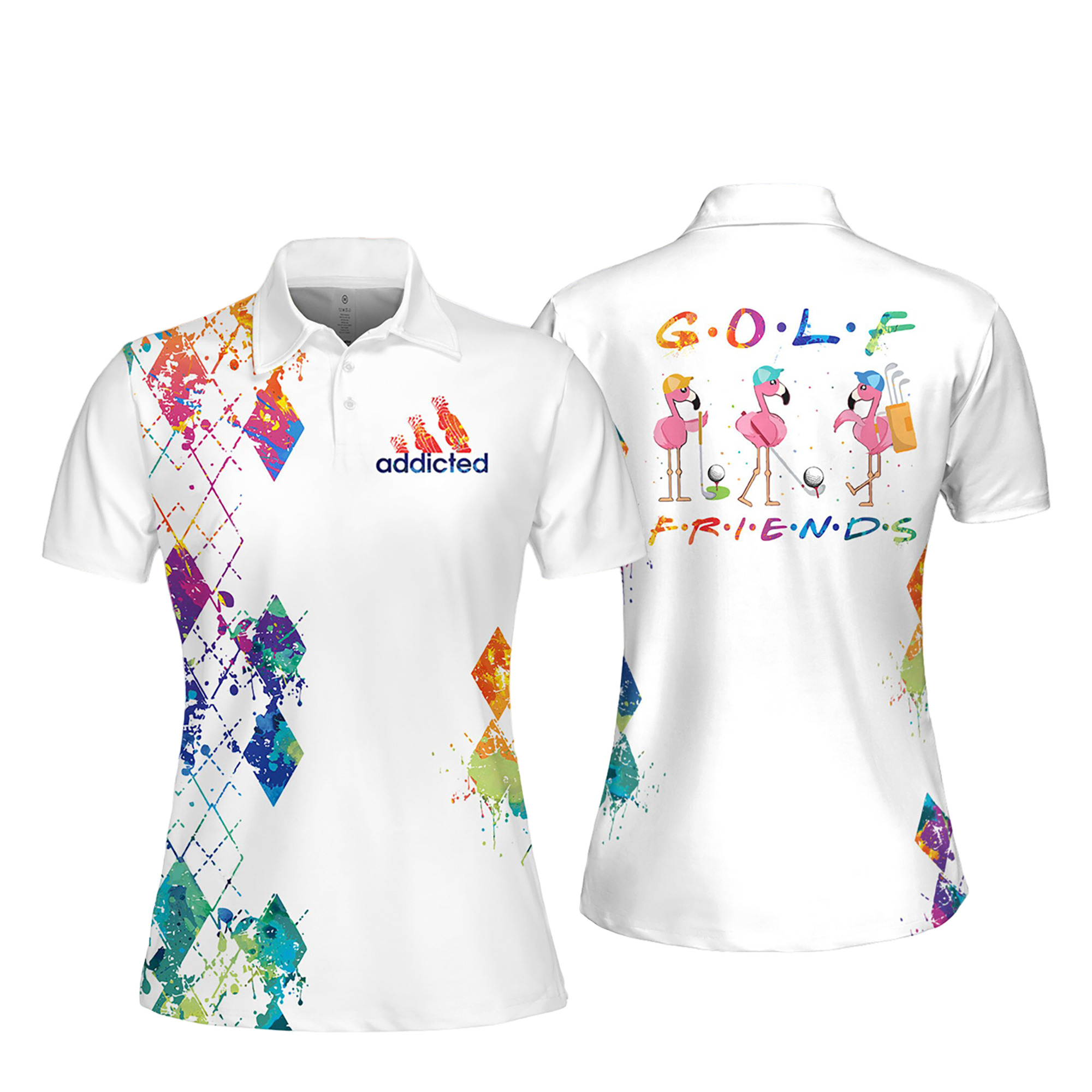 Watercolor Flamingo Golf Friends Argyle Women Short Sleeve Polo Shirt, Sleeveless Polo Shirt