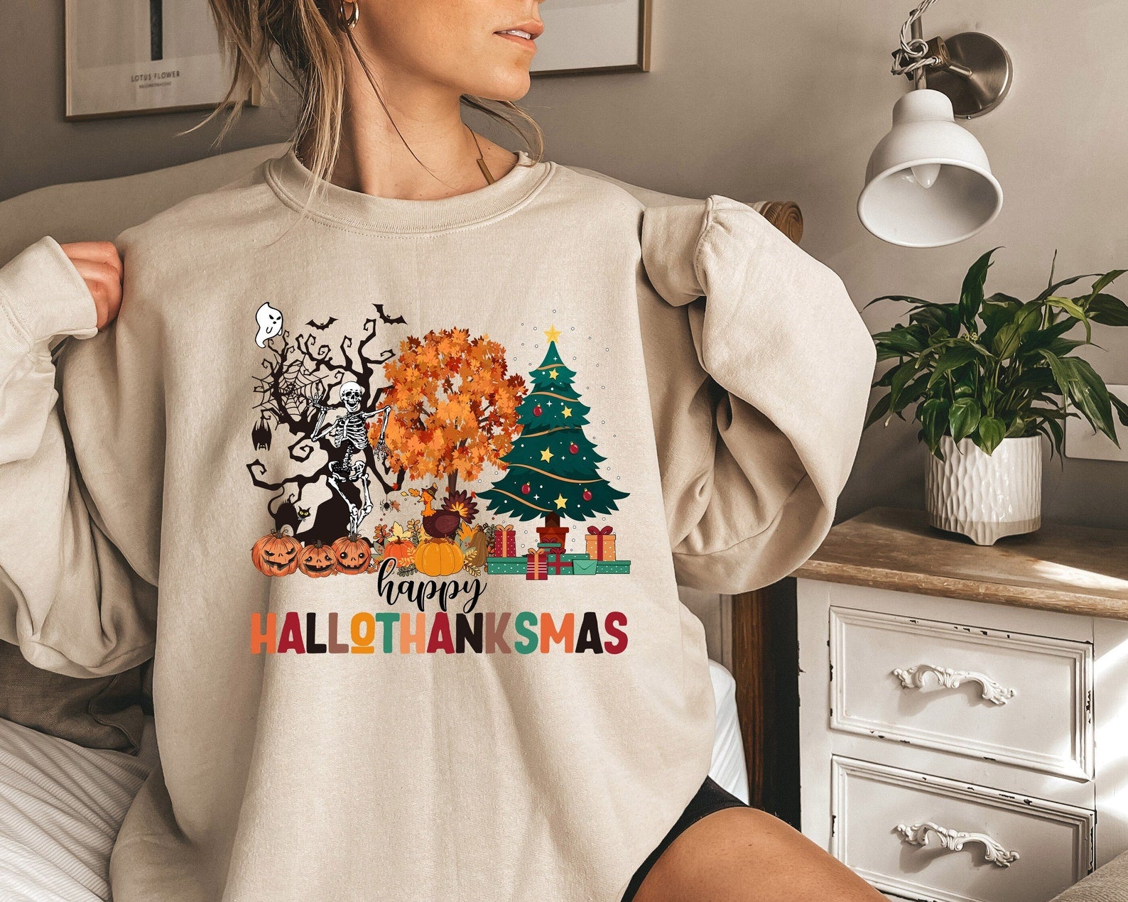 Happy Hallothanksmas Sweatshirt Halloween 2D Crewneck Sweatshirt All Over Print Sweatshirt For Women Sweatshirt For Men Sws3581