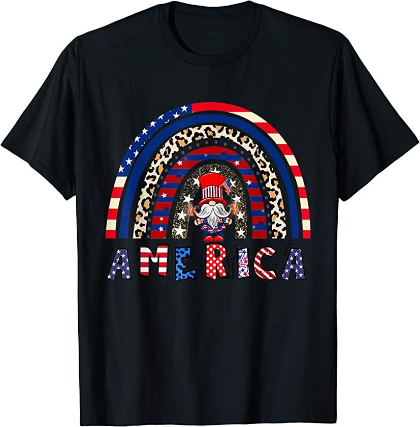 Cute America Leopard Rainbow Gnome Patriotic T-Shirt