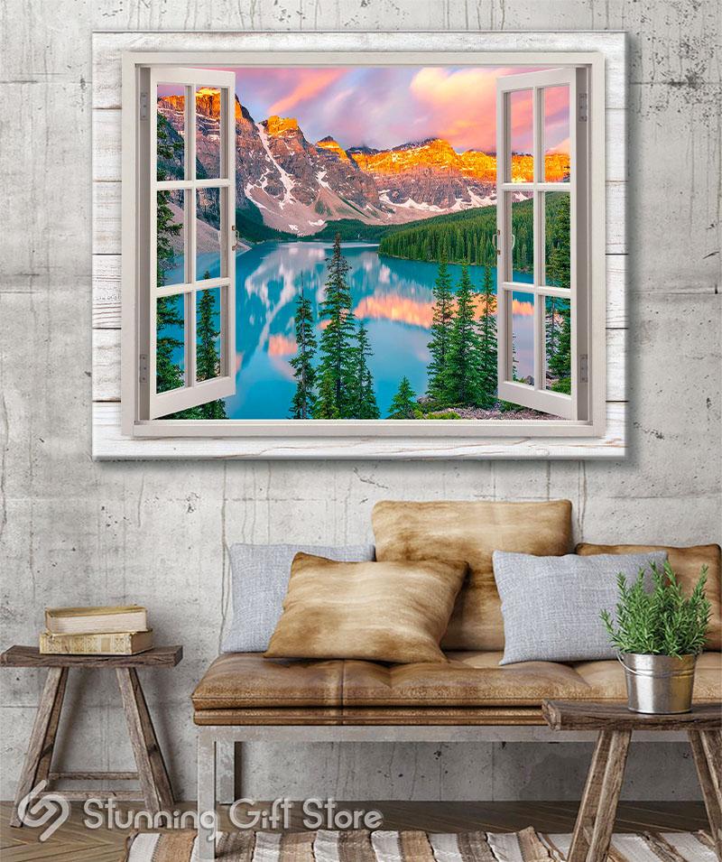 Fake Window Canvas Wall Art Open Window View Lake And Forest Landscape ...