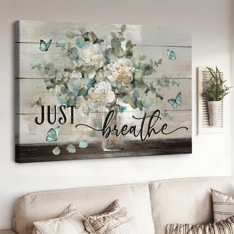 Watercolor Jasmine Blue Butterfly Just Breathe Canvas Wall Art – Christian Poster – Religious Wall Decor