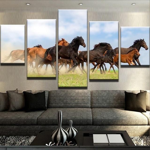 Wild Horses On The Prairie Animal 5 Panel Canvas Art Wall Decor