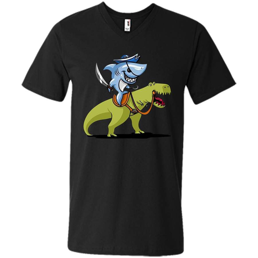 Shark Pirate Riding A T-Rex Dinosaur Funny – Canvas Unisex V-Neck Shirt