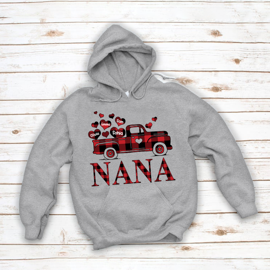 Valentine’S Day Shirt, Nana Truck Red Buffalo Plaid Heart Custom Names Hoodie