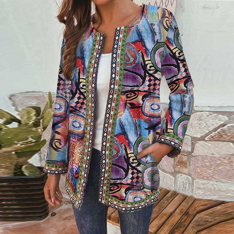 Autumn retro floral print jacket women’s hollow long-sleeved slim casual jacket cotton cardigan jacket alx